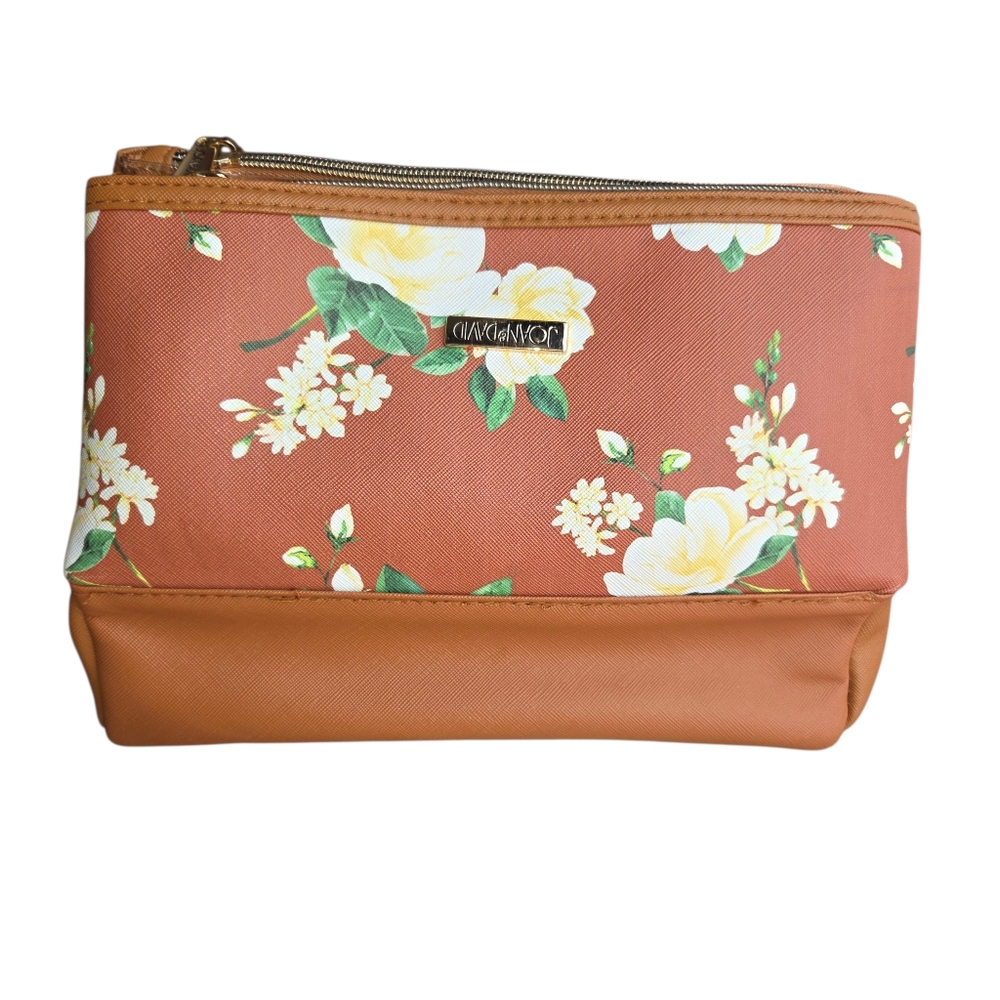 Joan & David Rust Yellow/ White Floral Zippered Section Pouch Cosmetic Case NWOT